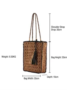 Grand sac cabas tissé bohème avec détails à franges et anses contrastées, taille 35x33cm