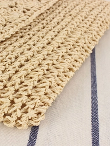 Handmade crochet paper straw crossbody bag in beige with detailed woven texture