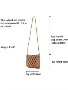 Handmade woven paper rope crossbody bag in khaki brown with dimensions 27x22cm