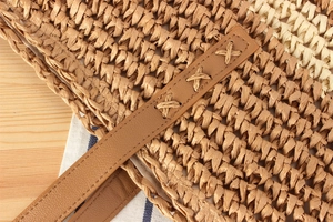 Détail de tissage en corde de papier rayé et bandoulière en similicuir marron cousu