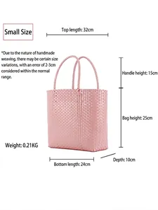 Pink woven plastic macaron picnic bag for women with detailed size specifications
