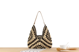 Close-up of geometric floral woven pattern on a large capacity straw tote bag