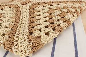 Detail of hand-woven paper rope bag showing beige and brown crochet diamond patterns