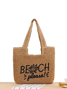 Sac Cabas Tissé Pour Femmes Corde De Papier Sac De Plage Grande Capacité Fermeture Éclair Vacances Été Style Paille Broderie Lettre