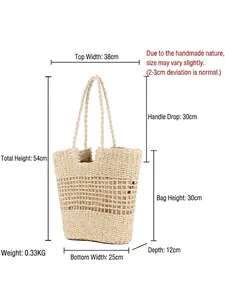 French style hollow straw tote bag for beach with dimensions and size specifications