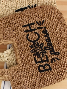 Sac fourre-tout en paille tissé main avec broderie BEACH please! pour les vacances