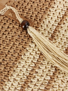 Sac à bandoulière en paille de papier rayé avec pompons faits main et perle en bois
