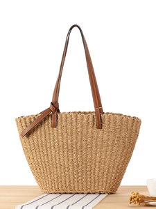 Women Vintage Woven Paper Rope Shoulder Bag Large Capacity Beach Tote With Knotted Leather Straps French Style