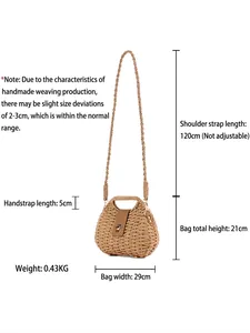 Handmade woven straw crossbody bag with brown leather clasp and dimensions overview