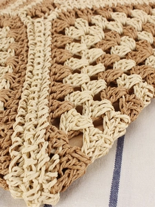 Large woven paper rope tote bag featuring bi-color crochet pattern and cutout texture