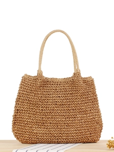 Women Hand Woven Paper Rope Shoulder Bag Pleated Opening Large Capacity Vacation Beach Casual Tote Handbag