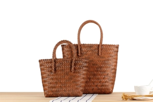 Detail of two dark brown woven tote bags showing intricate handmade texture and handles