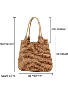 Handmade woven paper rope tote bag in beige with detailed product dimensions and measurements