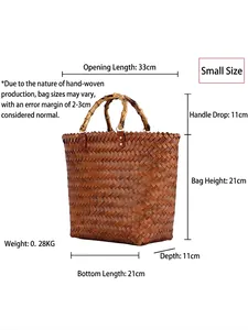 Retro woven beach bag with bamboo handle, small trapezoid straw tote measurements