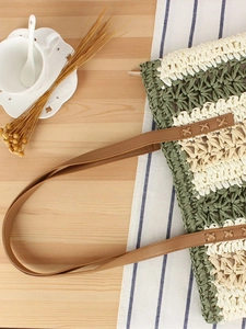 Fashionable oversized striped paper rope woven tote bag with contrast leather handles