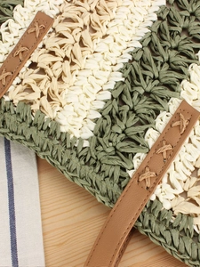 Fashionable hollow contrast striped paper rope woven tote with brown leather handles