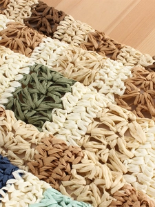 Handcrafted hollow-out crochet tote bag with colorful striped paper rope weaving