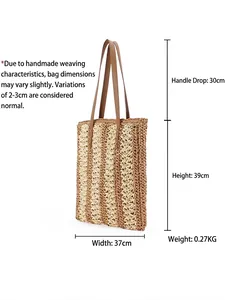 Fashionable hollow contrast stripe paper rope woven tote bag with dimensions in white background