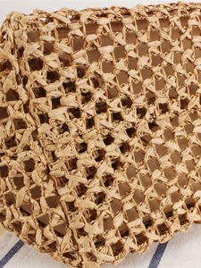 Handcrafted woven straw tote bag with intricate hollow mesh pattern and fabric lining