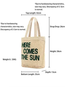 Grand sac cabas tressé beige avec texte vert et dimensions détaillées en cm