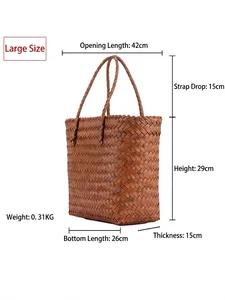 Large brown handwoven plastic tote bag with double handles and detailed size specifications