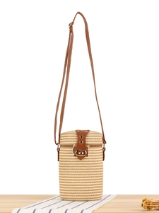 Handwoven Paper Rope Cylindrical Bucket Bag With Adjustable PU Leather Strap Casual Summer Beach Crossbody Purse For Women