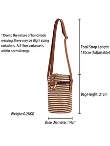 Fashionable paper rope woven cylinder bag with striped pattern and adjustable leather strap