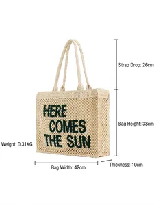 Fashion woven tote bag with green embroidered letters, cream casual shoulder handbag