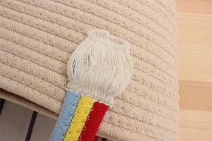 Macro detail of hand-woven cotton rope bag showing rainbow trim and soft white tassels