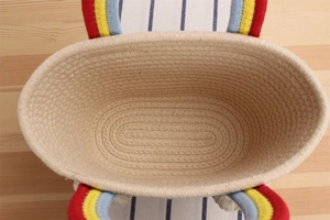 Top view showing the spacious interior and textured weave of the rainbow cotton rope bag