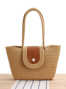 Woven Cotton Rope Tote Bag With Artificial Pearl Buckle PU Leather Flap Beach Vacation Large Capacity Casual Shoulder Bag For Women