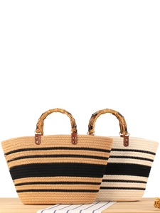 Borsa Tote In Corda Di Cotone Intrecciata A Righe Con Manico In Bambù Grande Capacità Moda Vacanze Mare Per Donne