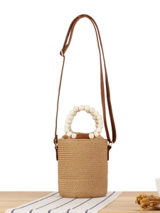 Woven Bucket Bag With Wooden Bead Handle Paper Rope Straw Crossbody Bag Adjustable Shoulder Strap Casual Vacation For Women