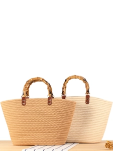 Borsa tote in paglia a righe con manici in bambù in marrone e crema per l'estate