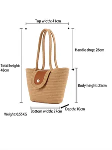 Large hand-woven straw tote bag with brown leather flap and pearl button for beach travel