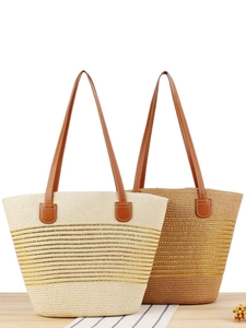 Stripe Woven Straw Tote Bag Large Capacity Paper Shoulder Handbag For Summer Beach Vacation Versatile Women