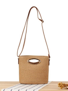 Handwoven Paper Rope Crossbody Bucket Bag With Metal Ring Hardware Adjustable Leather Strap Summer Beach Vacation For Women