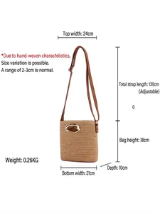 Retro woven paper rope crossbody bag for women with dimensions and adjustable strap details