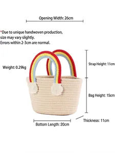 Handmade rainbow handle cotton woven bag for beach vacation with dimension details