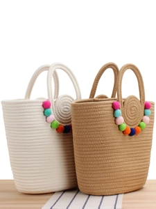 Sac À Main Tissé En Corde De Coton Pour Femmes Avec Pompons Colorés Style Bohème Plage Cabas Décontracté Mode