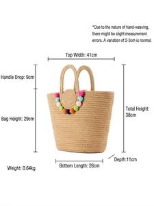 Sac fourre-tout en coton tissé minimaliste avec pompons colorés et dimensions affichées
