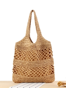 Women Hollow Crochet Paper Rope Woven Shoulder Tote Bag Large Capacity Summer Beach Bohemian Casual Handbag Zipper