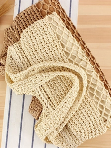 Handmade hollow straw shoulder bag in light beige and brown woven paper rope style