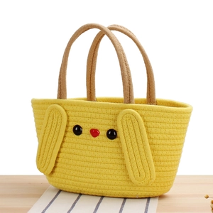 Handmade yellow cotton rope woven tote bag with cute cartoon chick face decoration