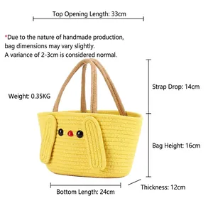 Handmade yellow cotton rope tote bag featuring cute cartoon 3D rabbit face and ears