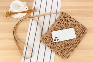 Detail of woven floral hollow pattern on a straw shoulder bag with smartphone for scale
