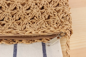 Detailed macro view of retro woven shoulder bag featuring hollow star patterns and zipper