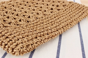 Close-up of retro hollow-out woven paper rope texture on a vintage shoulder bag