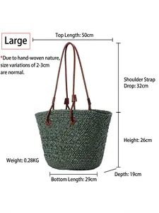 Large green hand-woven tote bag with brown handles and detailed dimension measurements