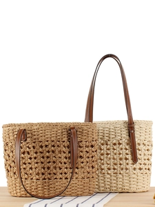 Women Woven Shoulder Bag Hollow Paper Rope Beach Tote Large Capacity French Style Retro Vacation Handbag Leather Straps